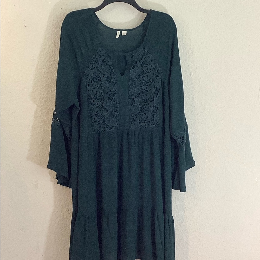 Forest Green boho crochet dress, bell sleeve, Plus 18/20W